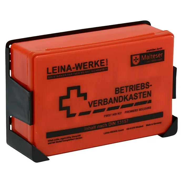 Leina-Werke Betriebsverbandkasten Klein - DIN 13157, Mit Wandhalterung, Orange - Roter Betriebsverbandkasten von LEINA-WERKE mit schwarzer Halterung, empfohlen durch Malteser, für Erste Hilfe im Betrieb gemäß DIN 13157.