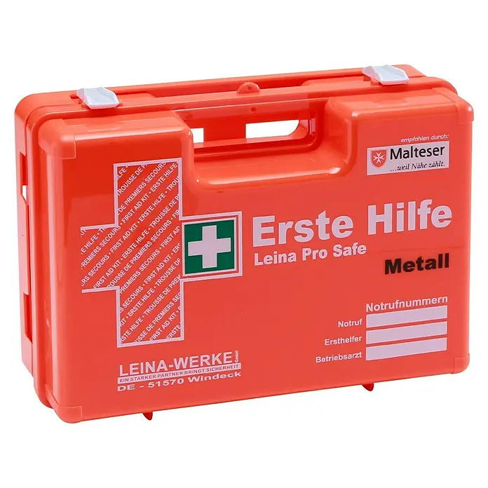 Leina-Werke Erste-Hilfe-Koffer Pro Safe Metall - DIN 13157, Metallbetriebe, Orange - Erste-Hilfe-Koffer von Leina Pro Safe mit Notfallnummernfeld, empfohlen von Malteser, bietet zuverlässige Hilfe in Notfallsituationen.