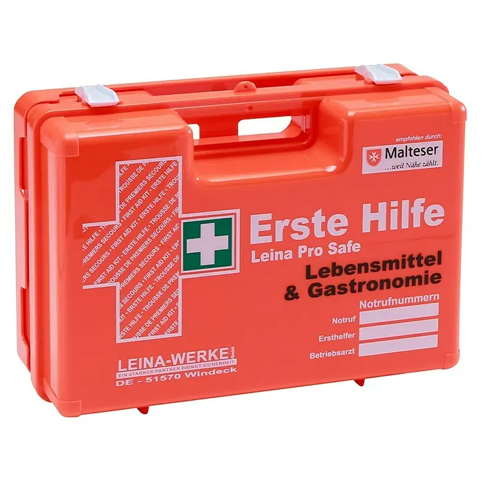 Leina-Werke Erste-Hilfe-Koffer Pro Safe Lebensmittel & Gastronomie - DIN 13157, Lebensmittel- & Gastronomiebetriebe, Orange - Orangefarbener Erste-Hilfe-Koffer von Leina Pro Safe für Lebensmittel und Gastronomie mit Malteser-Empfehlung.