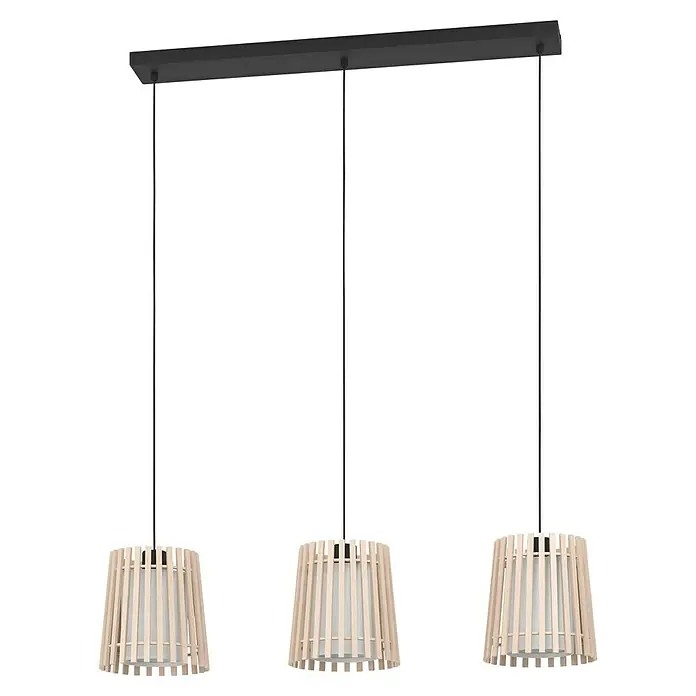 Eglo Fattoria Lámpara colgante - 25 W, L x An x Al: 90 x 20 x 110 cm, Marrón claro, E27 - Lámpara colgante con tres pantallas de madera clara y textil, ideal para salones o comedores. La lámpara proporciona una luz cálida e indirecta.