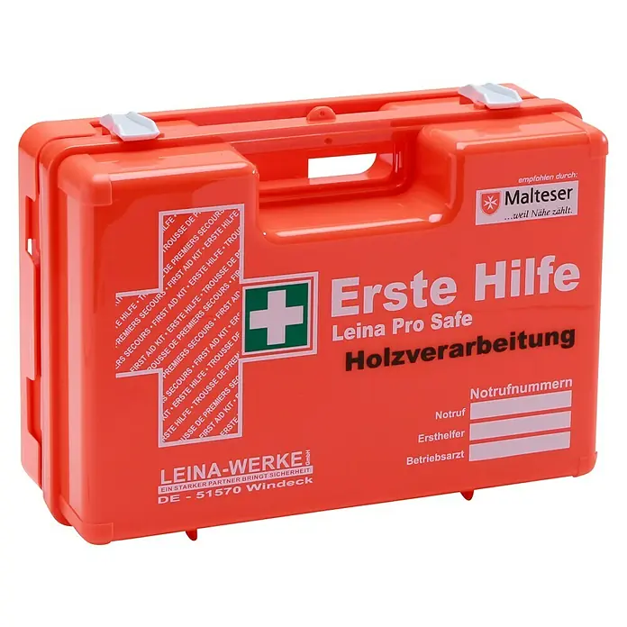 Leina-Werke Erste-Hilfe-Koffer Pro Safe Holzverarbeitung - DIN 13157, Forstwirtschaft, Orange - Orangefarbener Erste-Hilfe-Kasten von Leina Pro Safe für Holzverarbeitung mit Malteser-Empfehlung, ideal für Notfälle.