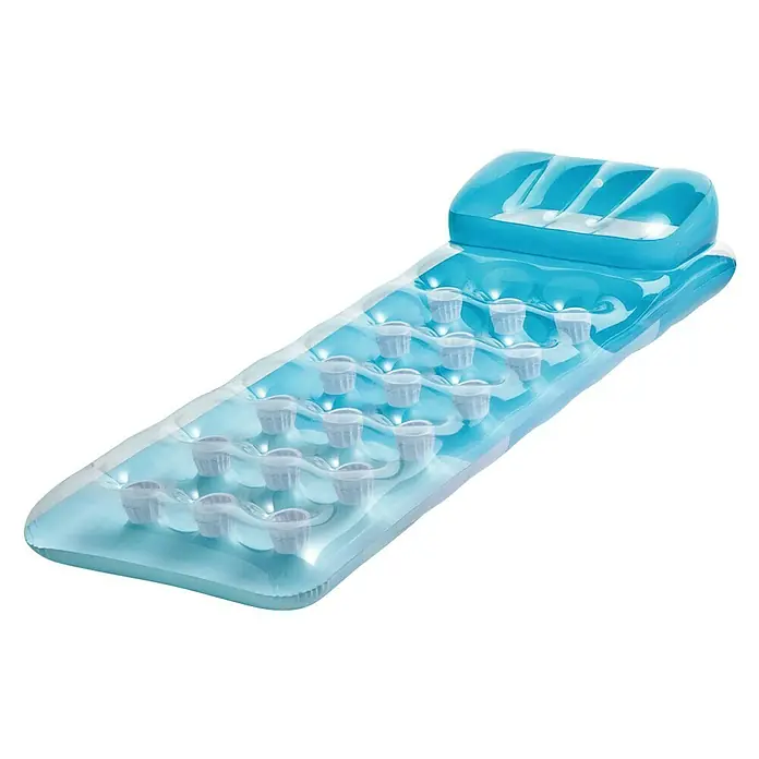 Intex Colchoneta hinchable 18 Vasos - Plástico - Colchoneta hinchable azul con reposacabezas y recortes. Es el accesorio ideal para pasar horas de relax en el agua o en la piscina.