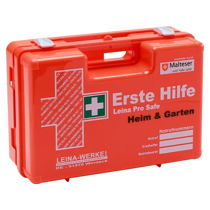 Leina-Werke Erste-Hilfe-Koffer Pro Safe Heim & Garten - DIN 13157, Haushalt, Orange - Erste-Hilfe-Kasten von Leina-Werke, ideal für Zuhause und Garten, empfohlen von Malteser, mit Notrufnummernfeld für Notfälle.