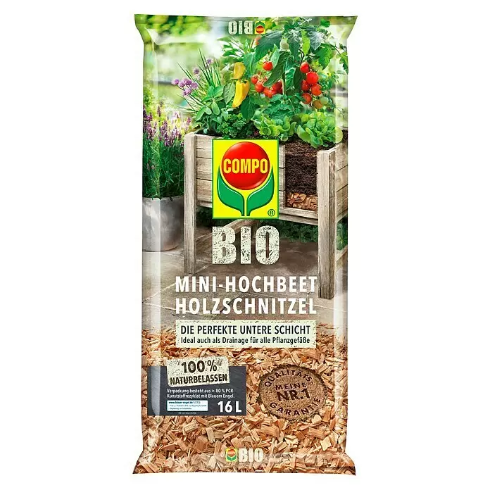 Compo Hochbeet-Grundfüllung Mini-Hochbeet Holzschnitzel - 16 l - Großer transparenter Beutel COMPO BIO Holzschnitzel für Mini-Hochbeete, gezeigt mit Illustrationsansicht der Verwendung als Drainageschicht.