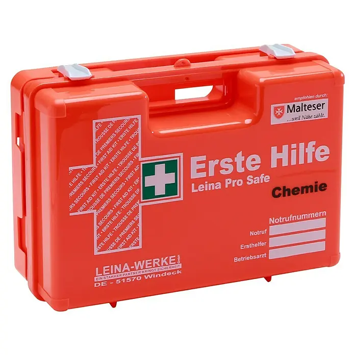 Leina-Werke Erste-Hilfe-Koffer Pro Safe Chemie - DIN 13157, Industrie, Orange - Erste-Hilfe-Koffer "Chemie" von Leina Pro Safe, empfohlen durch Malteser. Ideal für chemische Notfälle, mit Notfallnummern und Erste-Hilfe-Hinweisen.