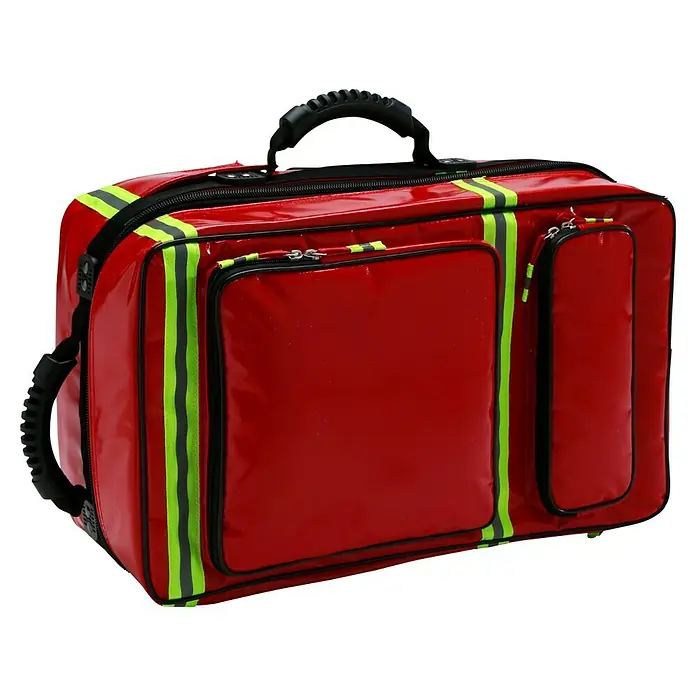 Leina-Werke Erste-Hilfe-Notfallrucksack Profi - Ohne Inhalt, Rot - Eine rote Notfalltasche mit reflektierenden Streifen und schwarzem Griff, ideal für medizinische Fachkräfte im Einsatz.
