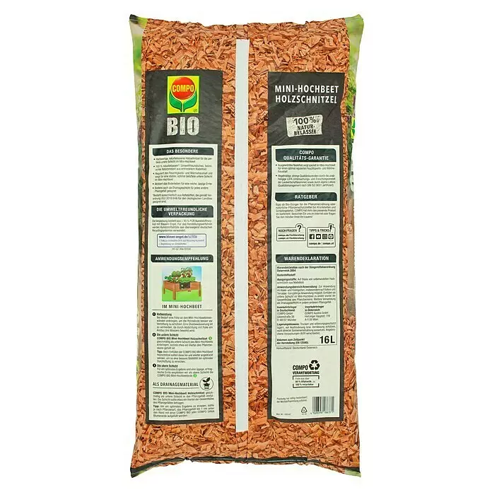 Compo Hochbeet-Grundfüllung Mini-Hochbeet Holzschnitzel - 16 l - Brauner Sack COMPO BIO Natur-Holzschnitzel (16L) für Mini-Hochbeete und Drainage.