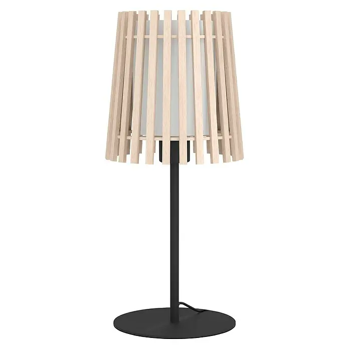 Eglo Fattoria Lámpara de sobremesa - Ø x Al: 20 x 45 cm, Marrón claro, E27 - Elegante lámpara de mesa con pantalla de madera clara y base negra, aportando un toque de diseño moderno a cualquier habitación.