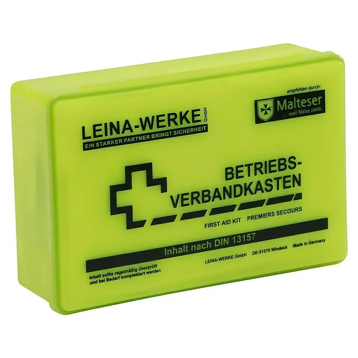 Leina-Werke Betriebsverbandkasten Klein - DIN 13157, Ohne Wandhalterung, Gelb - Bild eines gelben Betriebsverbandskastens der Marke LEINA-WERKE, empfohlen durch den Malteser Hilfsdienst, mit DIN 13157 Norm.
