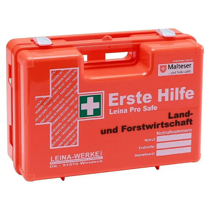 Leina-Werke Erste-Hilfe-Koffer Pro Safe Landwirtschaft & Forstwirtschaft - DIN 13157, Forst- & Landwirtschaft, Orange - Orangefarbener Erste-Hilfe-Kasten von Leina Pro Safe, empfohlen von Malteser, ideal für Land- und Forstwirtschaft mit Notrufnummern.