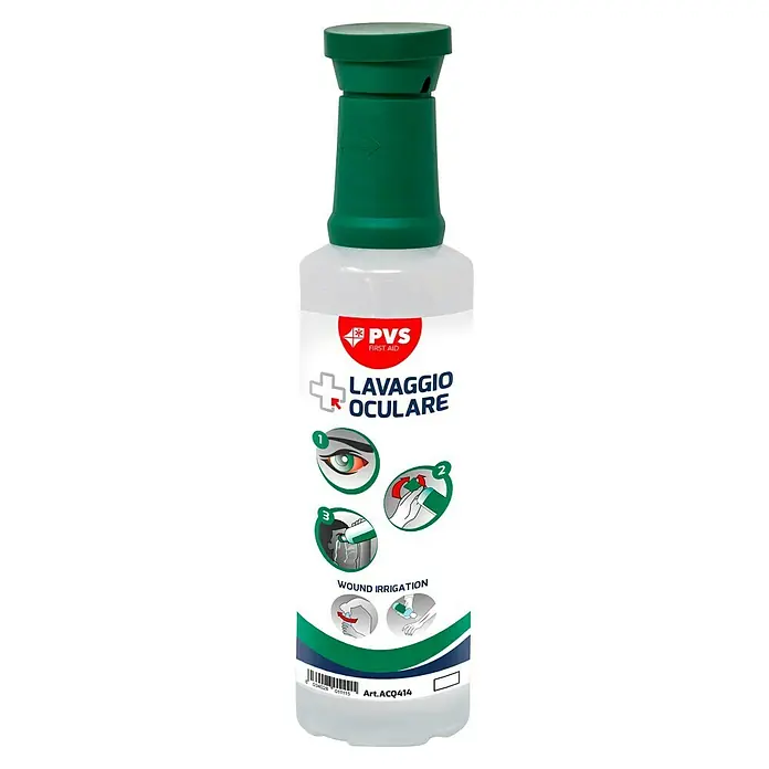 Leina-Werke Augenspüllösung Ecolav - 500 ml - Eine Flasche PVS First Aid Augenspülung mit einer grünen Kappe und Anweisungen zur Verwendung.