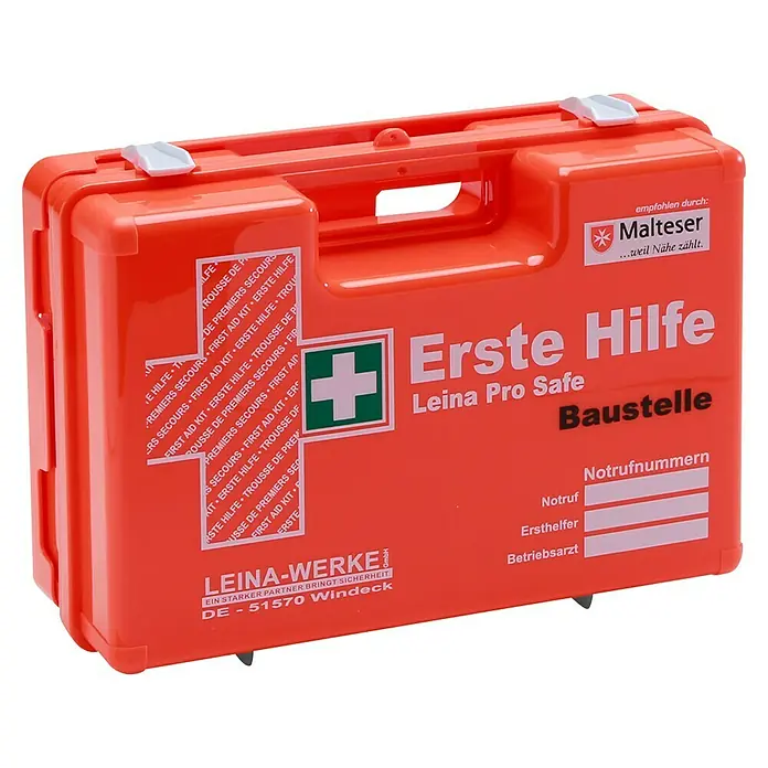 Leina-Werke Erste-Hilfe-Koffer Pro Safe Baustelle - DIN 13157, Baustelle, Orange - Erste-Hilfe-Koffer "Leina Pro Safe Baustelle" in Orange, empfohlen durch Malteser. Ideal für Baustellen, mit Notrufnummernfeld.