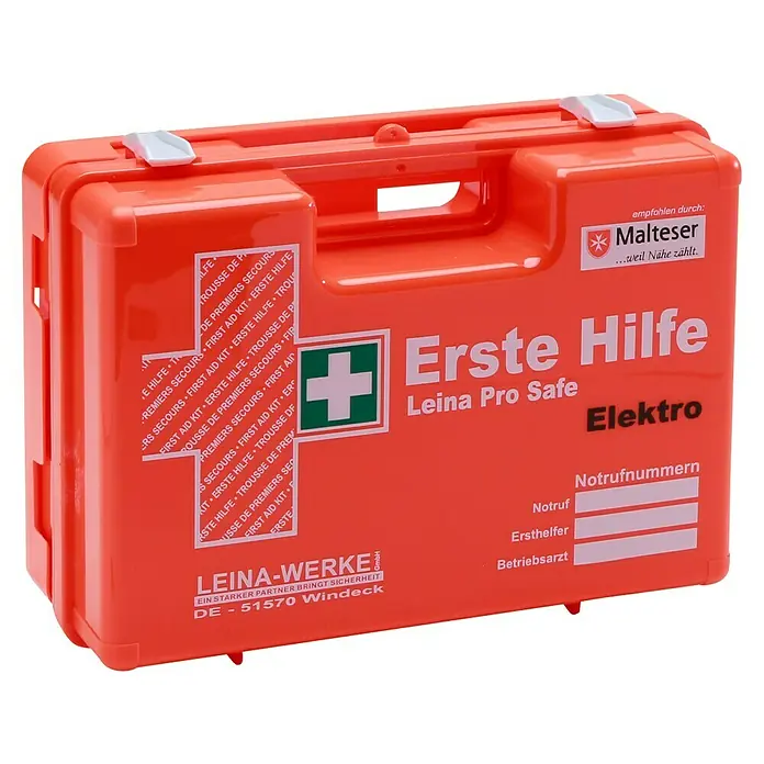 Leina-Werke Erste-Hilfe-Koffer Pro Safe Elektro - DIN 13157, Elektrobetriebe, Orange - Erste-Hilfe-Koffer "Leina Pro Safe Elektro", orangefarben mit weißer Beschriftung, empfohlen von Malteser, für schnelle Hilfe in Notfällen.