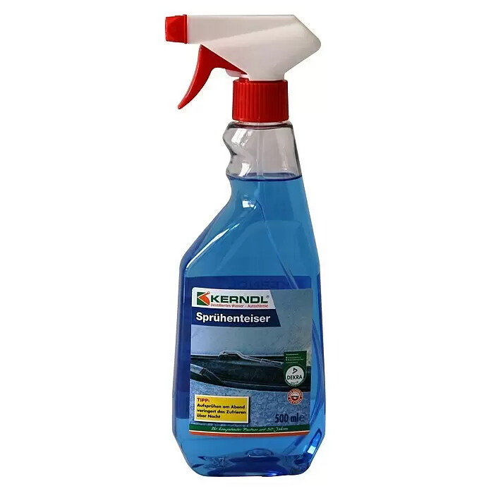 Scheibenenteiser - 500 ml - Blaue Sprühflasche aus Kunststoff mit weiß-rotem Sprühkopf, beschriftet als "Sprühenteiser" für Autoscheiben.