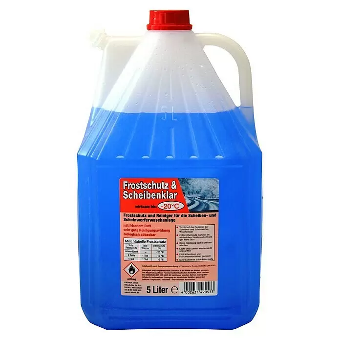 Scheibenfrostschutz-Mittel - 5 l, Max. Frostbeständigkeit: -20 °C - Weißer 5L Kunststoffkanister mit blauem Scheibenreiniger und Frostschutz, roter Deckel.