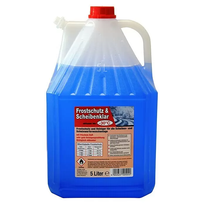 Scheibenfrostschutz-Mittel - 5 l, Max. Frostbeständigkeit: -30 °C - 5-Liter-Kanister mit blauer Scheibenwaschflüssigkeit für den Winter, wirksam bis -30°C, roter Deckel.