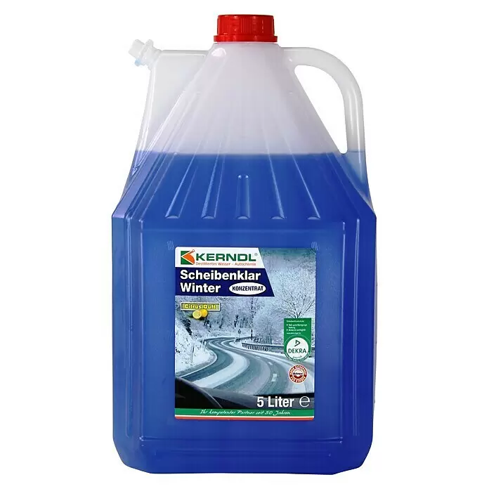 Scheibenfrostschutz-Konzentrat - 5 l - Ein 5-Liter-Kanister KERNEL Scheibenklar Winter Konzentrat, blau-transparent, mit rotem Deckel und weißem Griff.