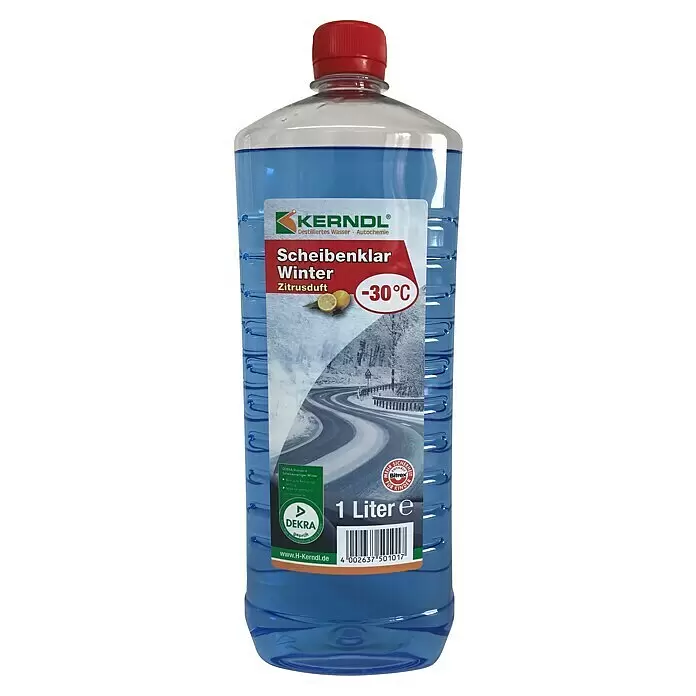 Scheibenfrostschutz-Mittel - 1 l - Blaue Plastikflasche Winter-Scheibenreiniger mit rotem Deckel. Zitrusduft, wirksam bis -30°C, 1 Liter Inhalt.