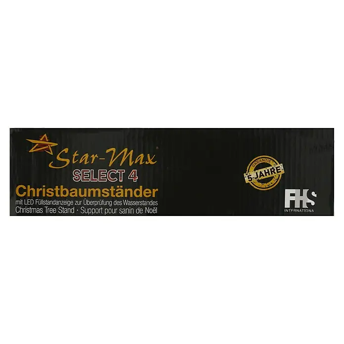Christbaumständer SELECT 4 - 40 x 10,7 cm, Kunststoff, Rund - Abbildung einer Star-Max Select 4 Christbaumständer-Verpackung mit LED-Füllstandsanzeige und 5 Jahren Garantie.