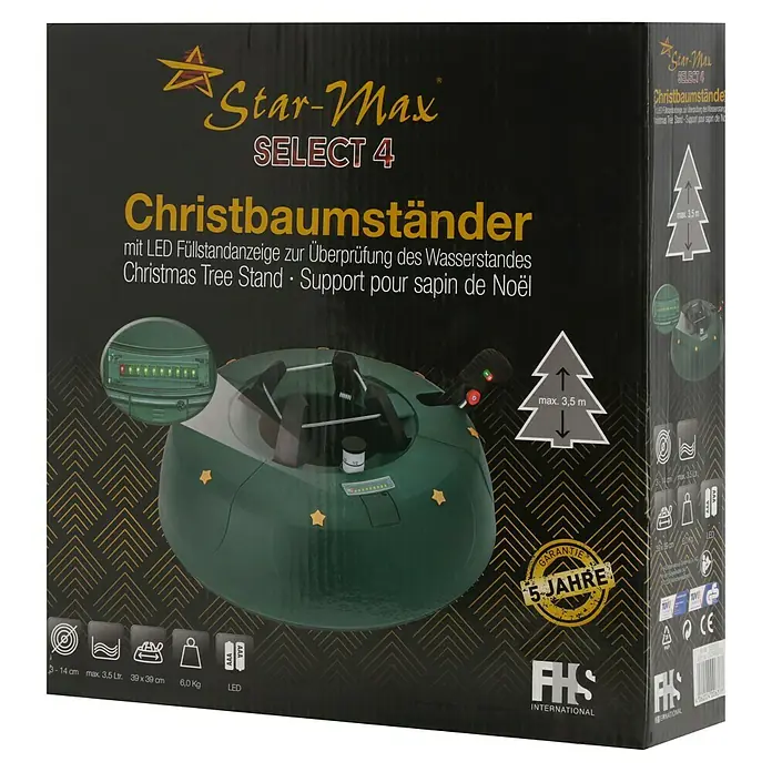 Christbaumständer SELECT 4 - 40 x 10,7 cm, Kunststoff, Rund - Bild eines Star-Max SELECT 4 Christbaumständers mit LED-Füllstandsanzeige, ideal für Weihnachtsbäume bis 3,5 m Höhe.