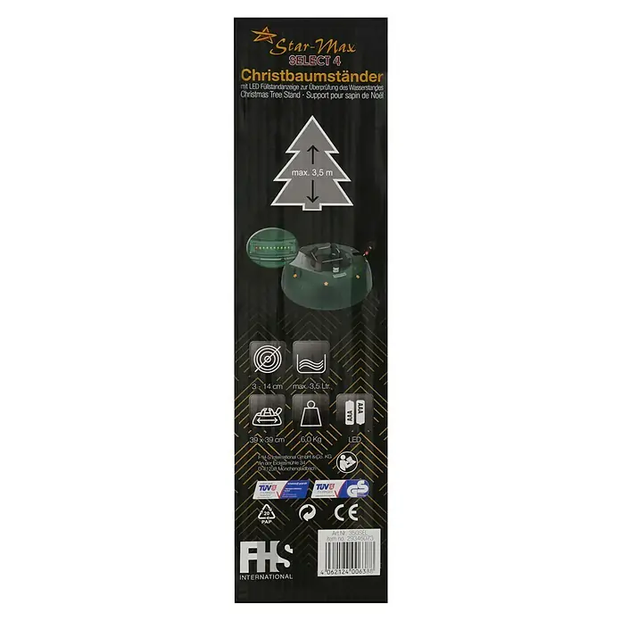 Christbaumständer SELECT 4 - 40 x 10,7 cm, Kunststoff, Rund - Produktverpackung des Star-Max Select 4 Christbaumständers mit LED-Füllstandsanzeige und Angaben zu Größe und Gewicht.