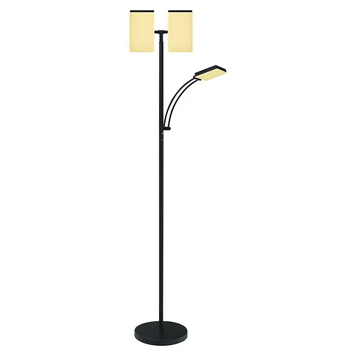 Tween Light LED-Deckenfluter Chicago - 36 W, Höhe: 180 cm, Schwarz-matt, Warmweiß - Stehleuchte mit zwei Schirmen oben und einer schwenkbaren Leselampe in der Mitte für eine flexible Beleuchtungslösung im Raum.