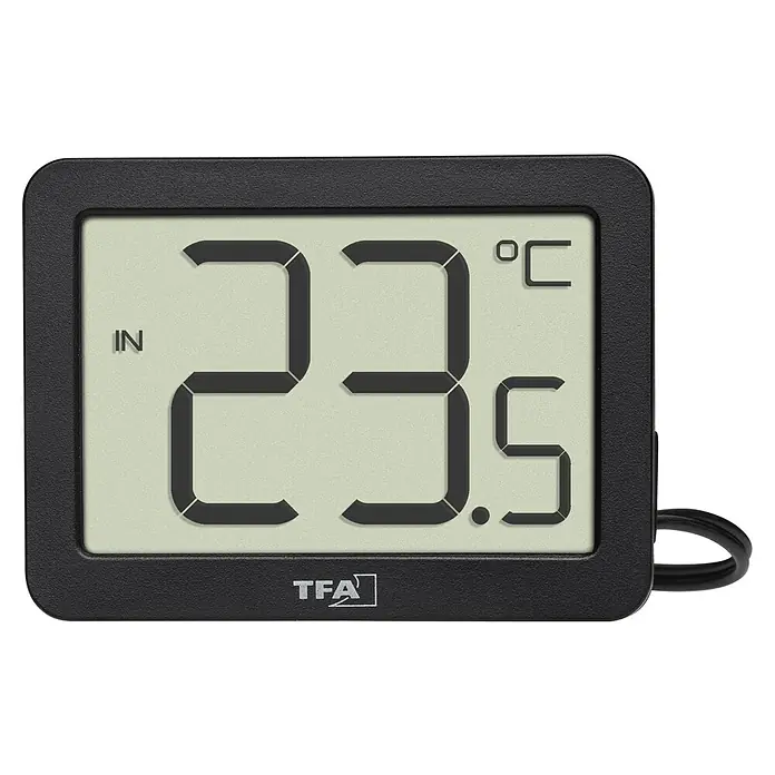 TFA Dostmann Thermometer - Digital, L x B x H: 40 x 15 x 55 mm, Schwarz - Digitales Thermometer mit einer Anzeige von 23,5 °C und der Aufschrift "IN" für Innenbereich, ideal zur Temperaturkontrolle.