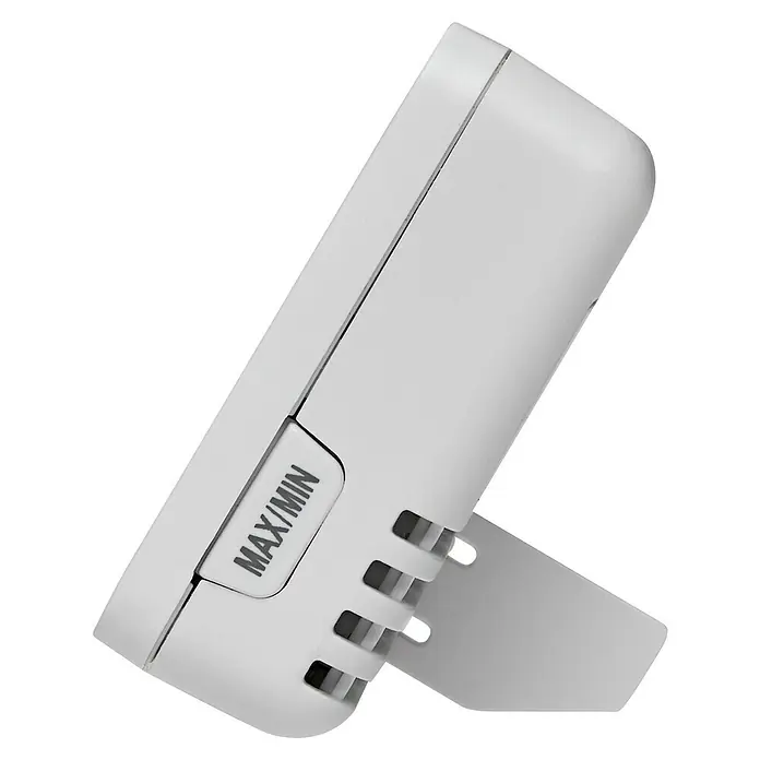 TFA Dostmann Innen-Thermometer - Digital, L x B x H: 55 x 15 x 40 mm, Weiß - Nahaufnahme eines weißen digitalen Thermometers mit einem Knopf für maximale und minimale Temperaturaufzeichnung.