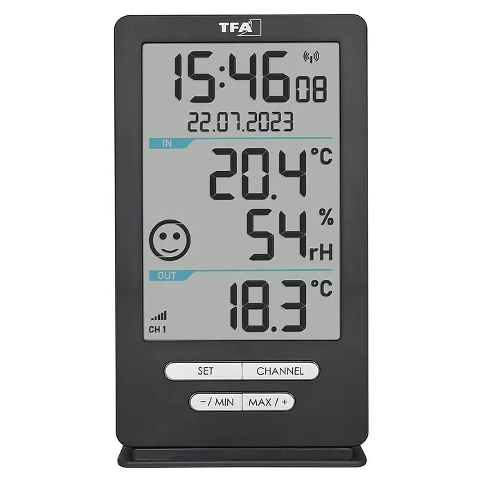 TFA Dostmann Funk-Thermo-Hygrometer Xena Home - Digital, Reichweite Sensor: 100 m - Wetterstation TFA mit Anzeige von Zeit, Datum, Innen- und Außentemperatur sowie Luftfeuchtigkeit für ein umfassendes Raumklima-Monitoring.