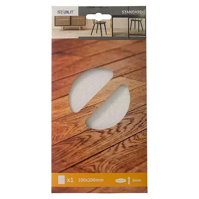 Stabilit Filzgleiter - B x L: 100 x 200 mm, Weiß, Kleben, 1 Stk. - Zwei weiße halbmondförmige Filzgleiter für Möbel, 3mm dick.