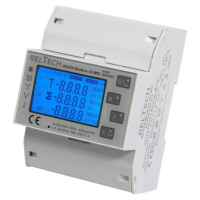 Reltech Drehstromzähler digital MID 100A MODbus RDZD5 - 400 V - Bild eines Reltech RDZD5 Modbus V2-MID Stromzählers, der Energieeffizienz und präzise Messwerte bietet.\n