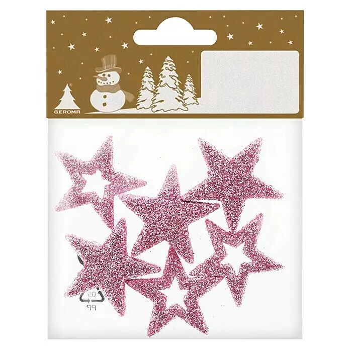 Christbaumschmuck - 6 Stk. - Sechs pinke Glitzersterne zur Dekoration, teils massiv, teils mit ausgestanzter Mitte.