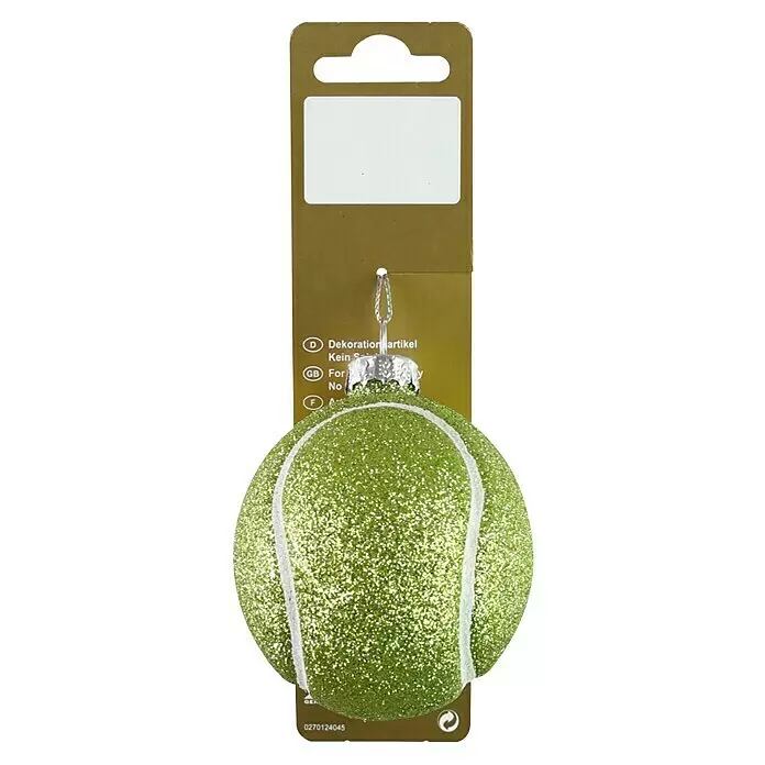 Christbaumschmuck Tennisball - Gelb, Glas, Durchmesser: 6,5 cm - Glitzernder grüner Tennisball-Weihnachtsschmuck an einem goldenen Aufhänger.