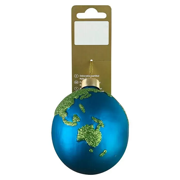 Christbaumschmuck Erdkugel - Glas, Durchmesser: 8 cm - Blaues Erde-Ornament mit grünen Glitzer-Kontinenten und goldenem Aufhänger.