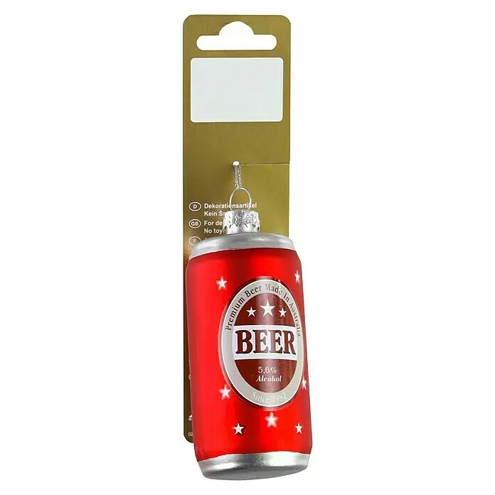 Christbaumschmuck Bierdose - Glas, 4,3 x 4,3 x 8,2 cm - Rote Bierdosen-Weihnachtskugel am braunen Aufhänger. Mit 'BEER'-Etikett, Sternen und Text 'Made in Australia'.