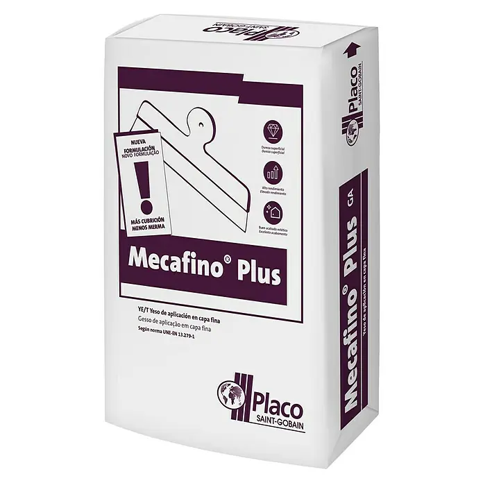 Placo Saint-Gobain Yeso de enlucido fino Mecafino Plus - 17 kg - Mecafino Plus: Yeso fino para superficies. Fórmula mejorada para alta cobertura y menos merma, ideal para acabados estéticos.