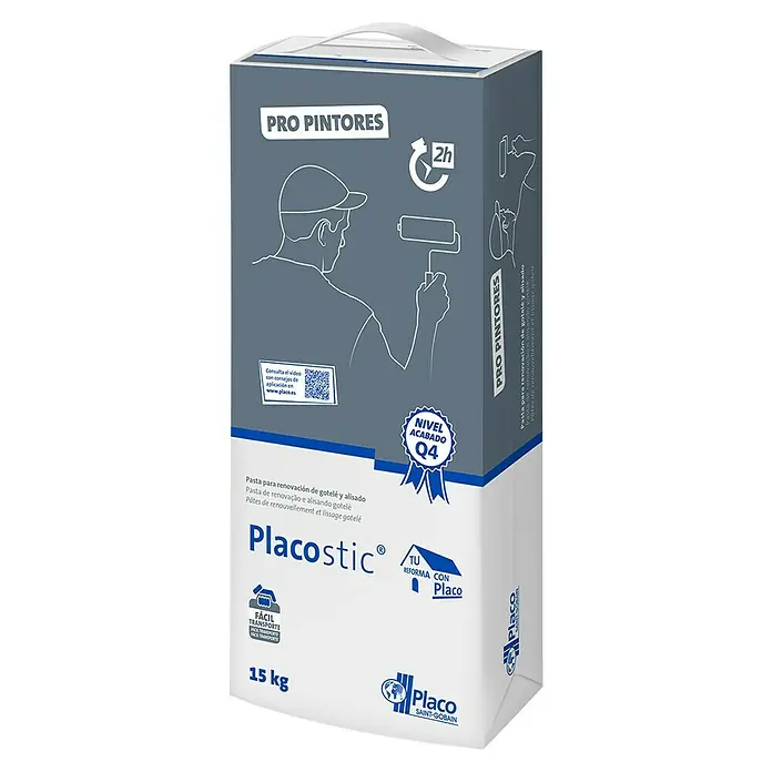 Placo Saint-Gobain Pasta de yeso Placostic Pro Pintores - 15 kg - Imagen de un saco de 15 kg de pasta de renovación Placo Placostic para gotele y alisado, ideal para pintores y bricolaje.