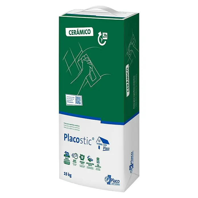 Placo Saint-Gobain Pasta de yeso Placostic Cerámico - 15 kg, Apto para: Recubrimientos - Paquete de 15 kg de adhesivo cerámico Placo Placostic, ideal para superficies cerámicas y renovaciones rápidas.