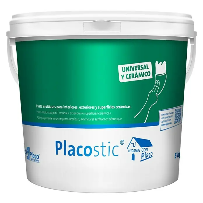 Placo Saint-Gobain Pasta de yeso Placostic Universal y Cerámico - 5 kg, Apto para: Renovación - Tarro de pasta cerámica universal Placostic para superficies interiores, exteriores y cerámicas. Versátil y fácil de usar.