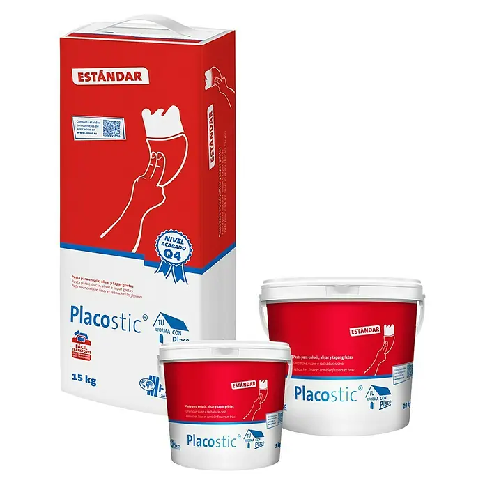 Placo Saint-Gobain Pasta de yeso Placostic Estándar - 20 kg, Apto para: Enlucido - Imagen de productos Placostic en varios tamaños, ideales para alisar y reparar grietas.