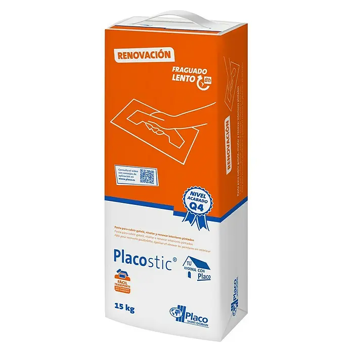 Placo Saint-Gobain Pasta de yeso Placostic Renovación 8h - 15 kg, Apto para: Renovación - Un saco de yeso "Placostic Renovation" para cubrir, nivelar y renovar paredes interiores.