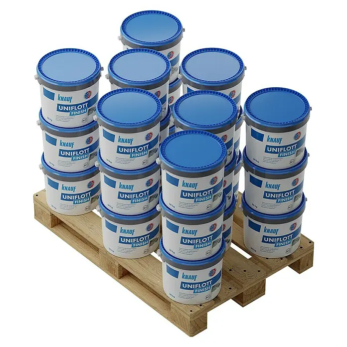 Knauf Feinspachtel Uniflott Finish - 20 kg, Gebrauchsfertig - Palette mit mehreren Eimern Knauf Uniflott Finish Spachtelmasse, ideal für den Innenausbau und zur Glättung von Oberflächen.