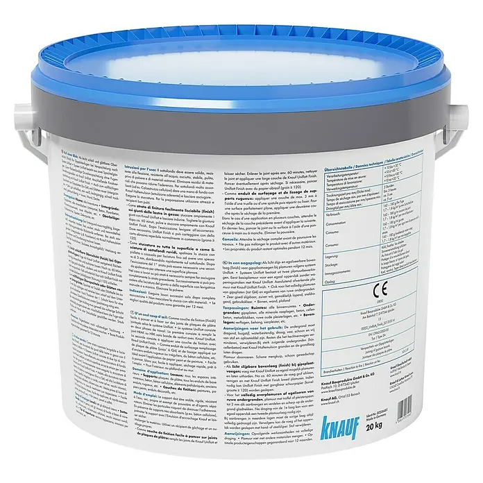 Knauf Feinspachtel Uniflott Finish - 20 kg, Gebrauchsfertig - Ein Eimer Knauf Uniflott Finish, eine gebrauchsfertige Spachtelmasse zum Glätten von Gipsplatten und rauen Oberflächen.