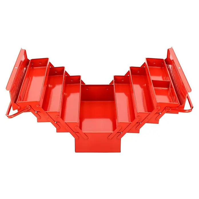 BAUHAUS Werkzeugkasten - L x B x H: 20 x 53 x 25 cm - Rote Werkzeugkiste mit mehreren Fächern, die zur einfachen Organisation geöffnet sind. Das tragbare Design erleichtert den Transport von Werkzeugen.