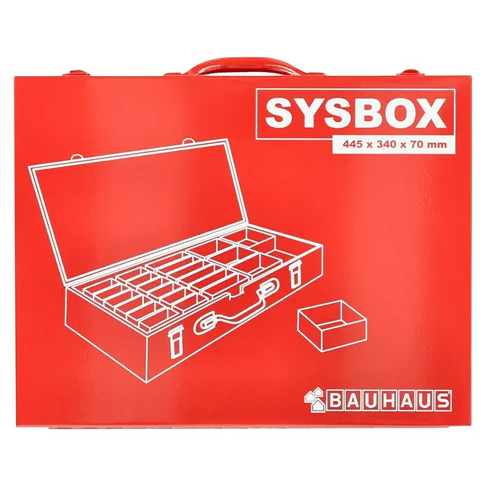 BAUHAUS Systembox - L x B x H: 445 x 340 x 70 mm, Rot - Abbildung einer roten Sysbox Werkzeugkiste von Bauhaus mit weißer Beschriftung und Darstellung des Inhalts.