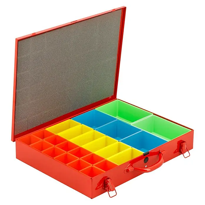 BAUHAUS Systembox - L x B x H: 445 x 340 x 70 mm, Rot - Offener roter Werkzeugkasten mit bunten Fächern und Griff. Ideal für die Organisation von Kleinteilen in Werkstatt und Hobbyraum.