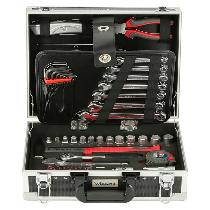 Wisent Maletín de herramientas Basic - 91 pzs. - Maletín de herramientas de aluminio con varias herramientas, incluyendo llaves, alicates, llaves Allen y vasos.