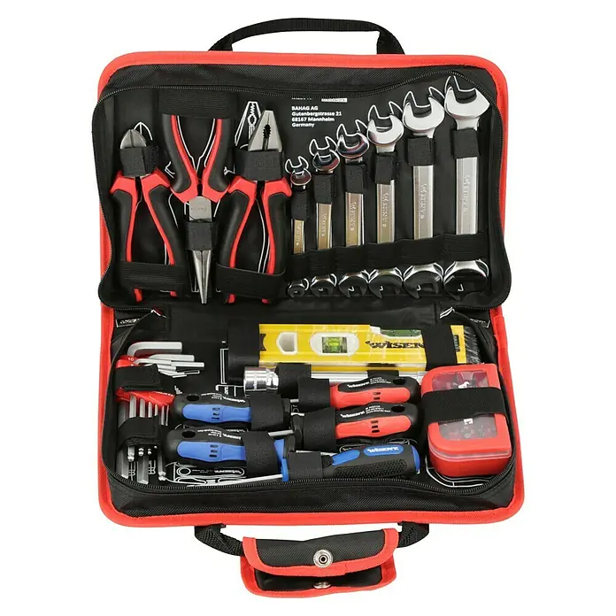 Wisent Werkzeugkoffer Servicebag - L x B x H: 340 x 230 x 74 mm, 56 -tlg. - Werkzeugkoffer mit verschiedenen Werkzeugen wie Schraubenschlüsseln, Zangen, Schraubendrehern und einer Wasserwaage, ideal für Heimwerker und Profis.