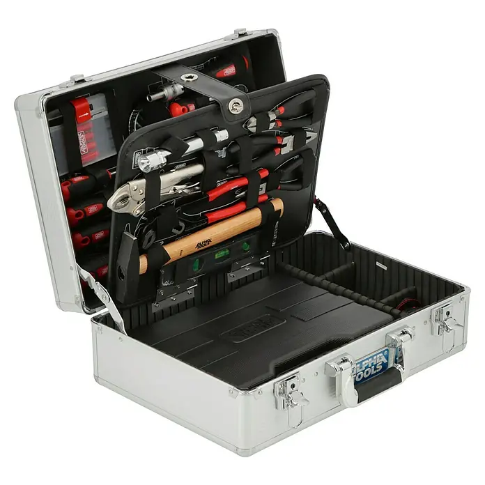 Alpha Tools Werkzeugkoffer Big Box - L x B x H: 450 x 305 x 167 mm, 119 -tlg. - Werkzeugkoffer aus Aluminium mit einer Auswahl an Werkzeugen, die ordentlich in Fächern und Halterungen angeordnet sind.