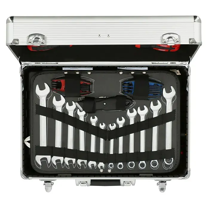 Alpha Tools Werkzeugkoffer Big Box - L x B x H: 450 x 305 x 167 mm, 119 -tlg. - Werkzeugkoffer aus Aluminium, geöffnet, mit Schraubenschlüsseln und Inbusschlüsseln, für Heimwerker und Profis.